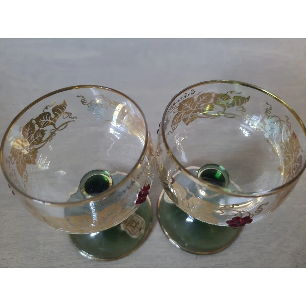 Set 2 Wittig Romer German Green Beehive Stem Gold Grapevine Cordial Glasses 4”